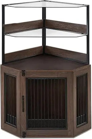MKDK Corner Dog Crate Furniture With Glass Shelves And Door