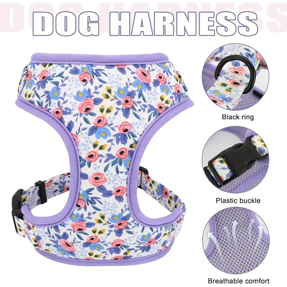 Cute Floral Dog Harness Leash Collar Set for Puppies