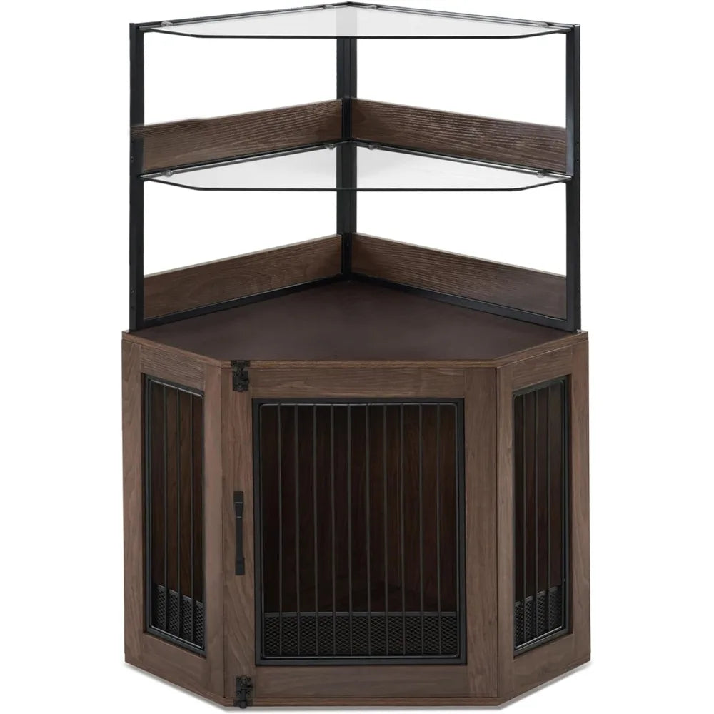 MKDK Corner Dog Crate Furniture With Glass Shelves And Door