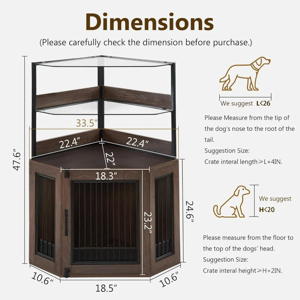 MKDK Corner Dog Crate Furniture With Glass Shelves And Door