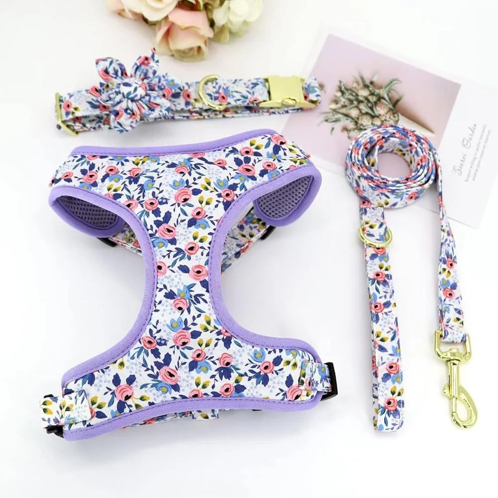 Cute Floral Dog Harness Leash Collar Set for Puppies
