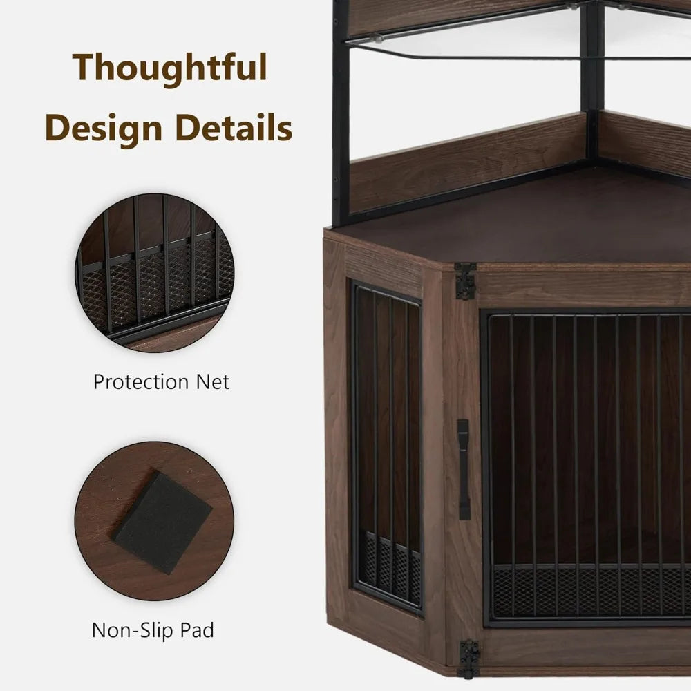 MKDK Corner Dog Crate Furniture With Glass Shelves And Door
