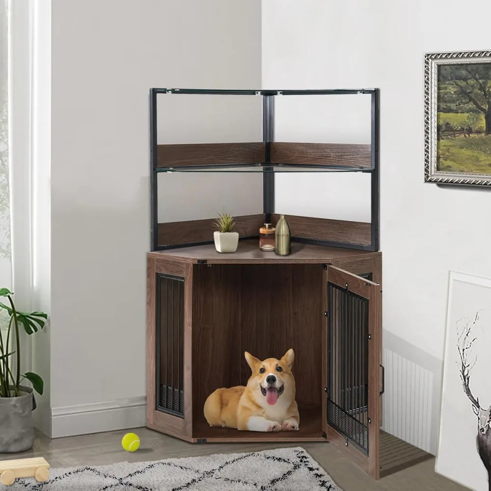 MKDK Corner Dog Crate Furniture With Glass Shelves And Door