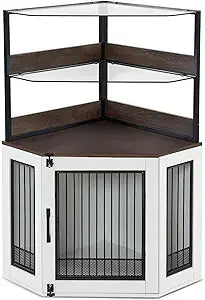 MKDK Corner Dog Crate Furniture With Glass Shelves And Door