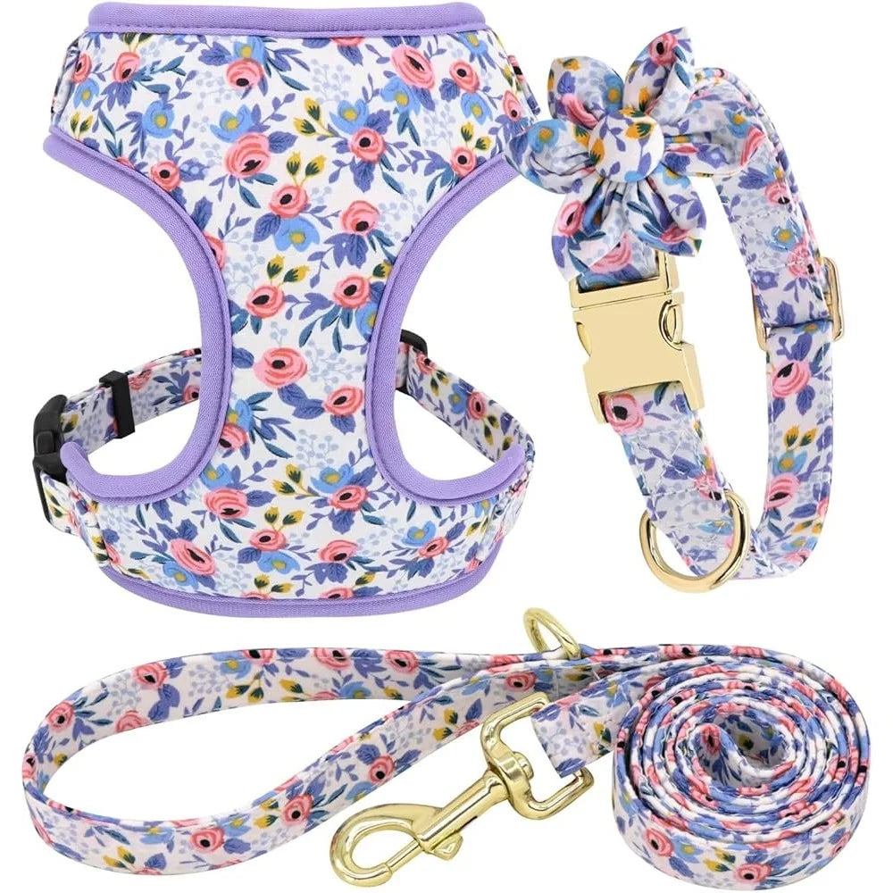 Cute Floral Dog Harness Leash Collar Set for Puppies