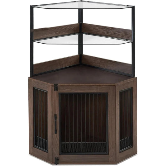 MKDK Corner Dog Crate Furniture With Glass Shelves And Door