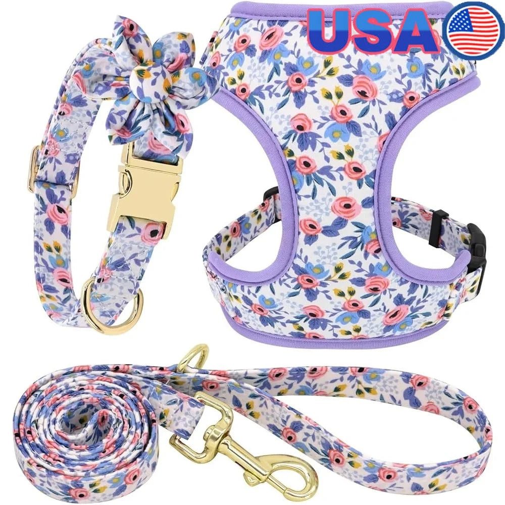 Cute Floral Dog Harness Leash Collar Set for Puppies