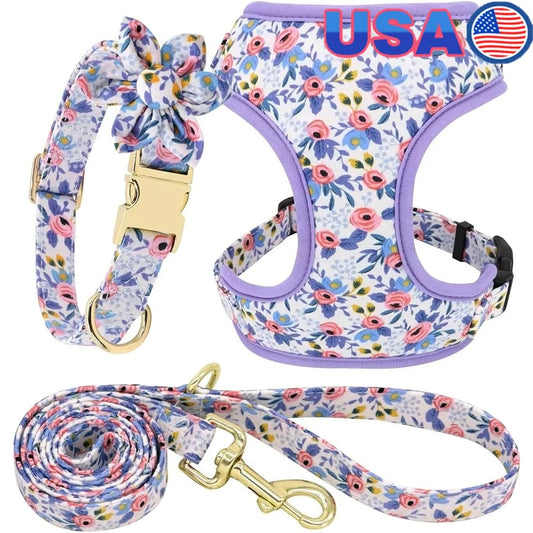 Cute Floral Dog Harness Leash Collar Set for Puppies